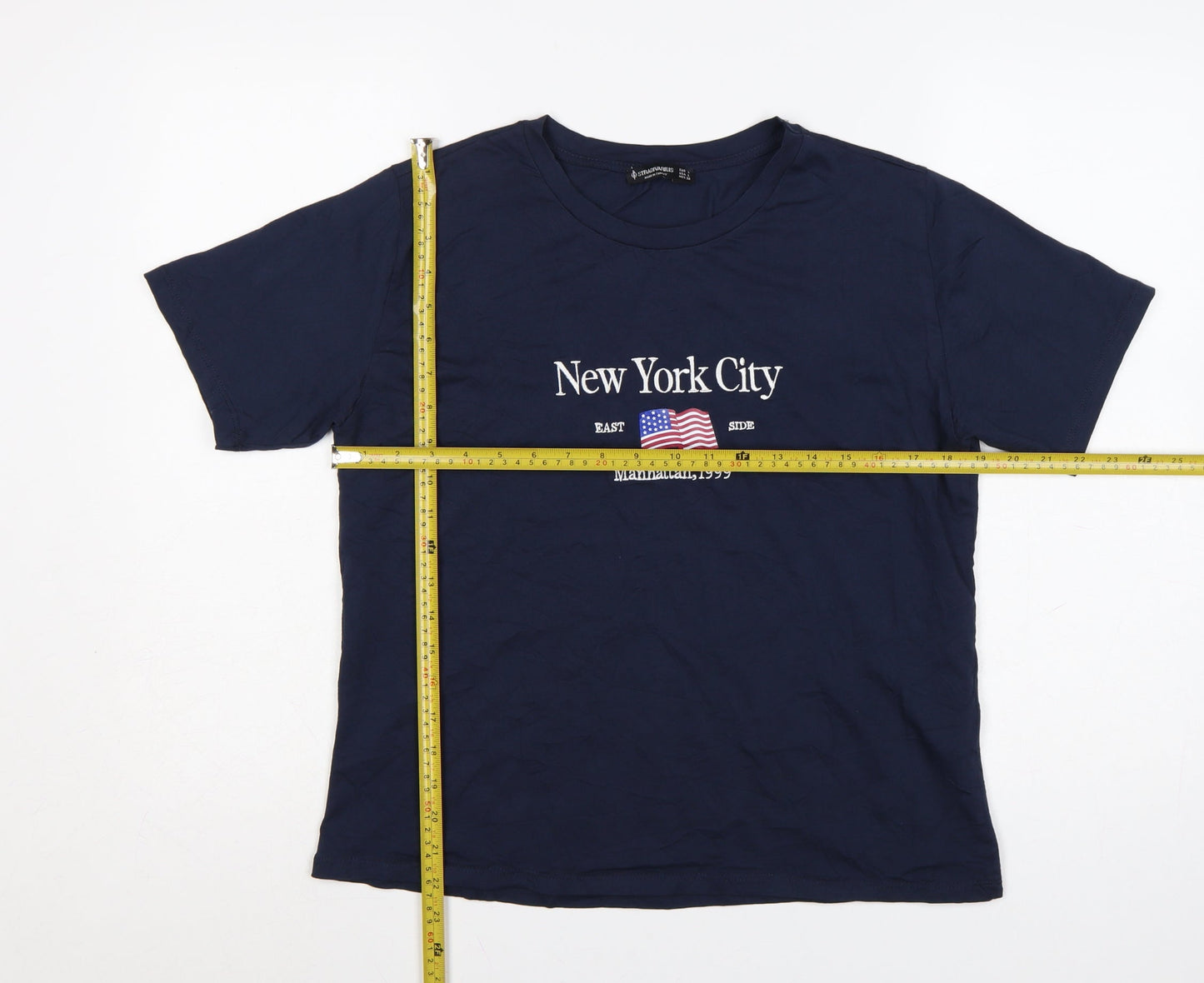 Stradivarius Women's Blue Cotton New York City Embroidered T-Shirt Size 12