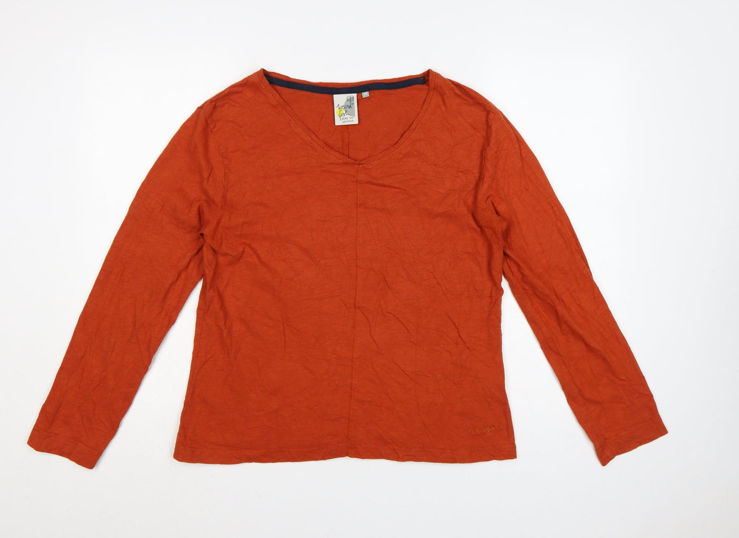 Weird Fish Women's Orange Long Sleeve Cotton V-Neck T-Shirt UK 14