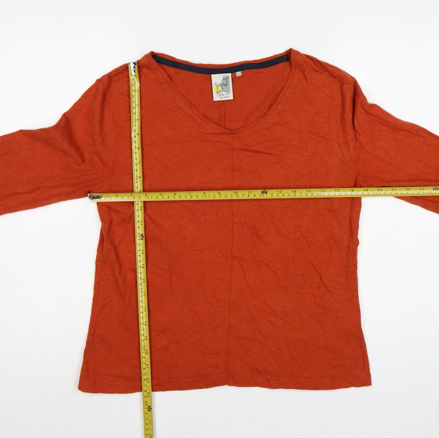 Weird Fish Women's Orange Long Sleeve Cotton V-Neck T-Shirt UK 14