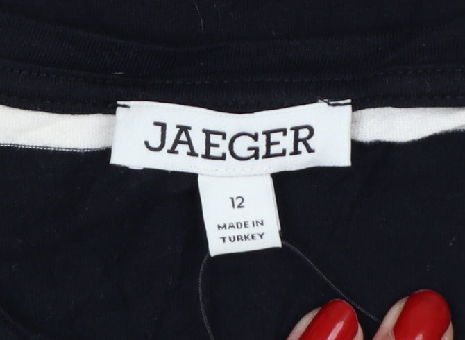 Jaeger Women Black Striped Cotton Long Sleeve Blouse Size 12