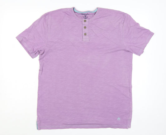White Stuff Men's Purple Henley Cotton T-Shirt Medium