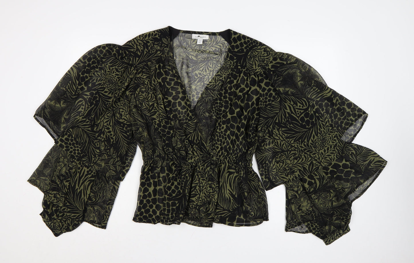 Topshop Women's Green Animal Print Wrap Blouse UK 12 Puff Sleeve