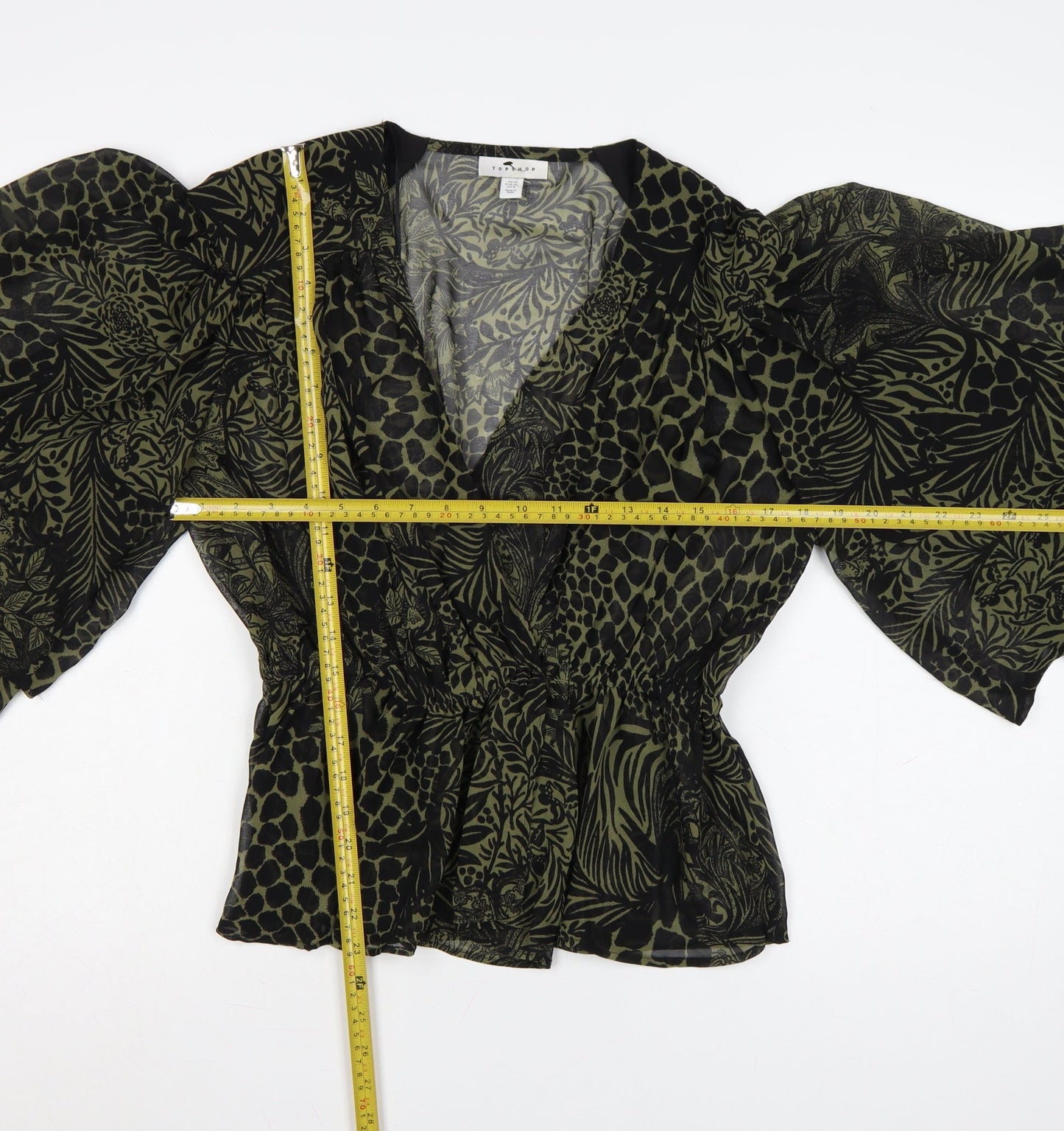 Topshop Women's Green Animal Print Wrap Blouse UK 12 Puff Sleeve