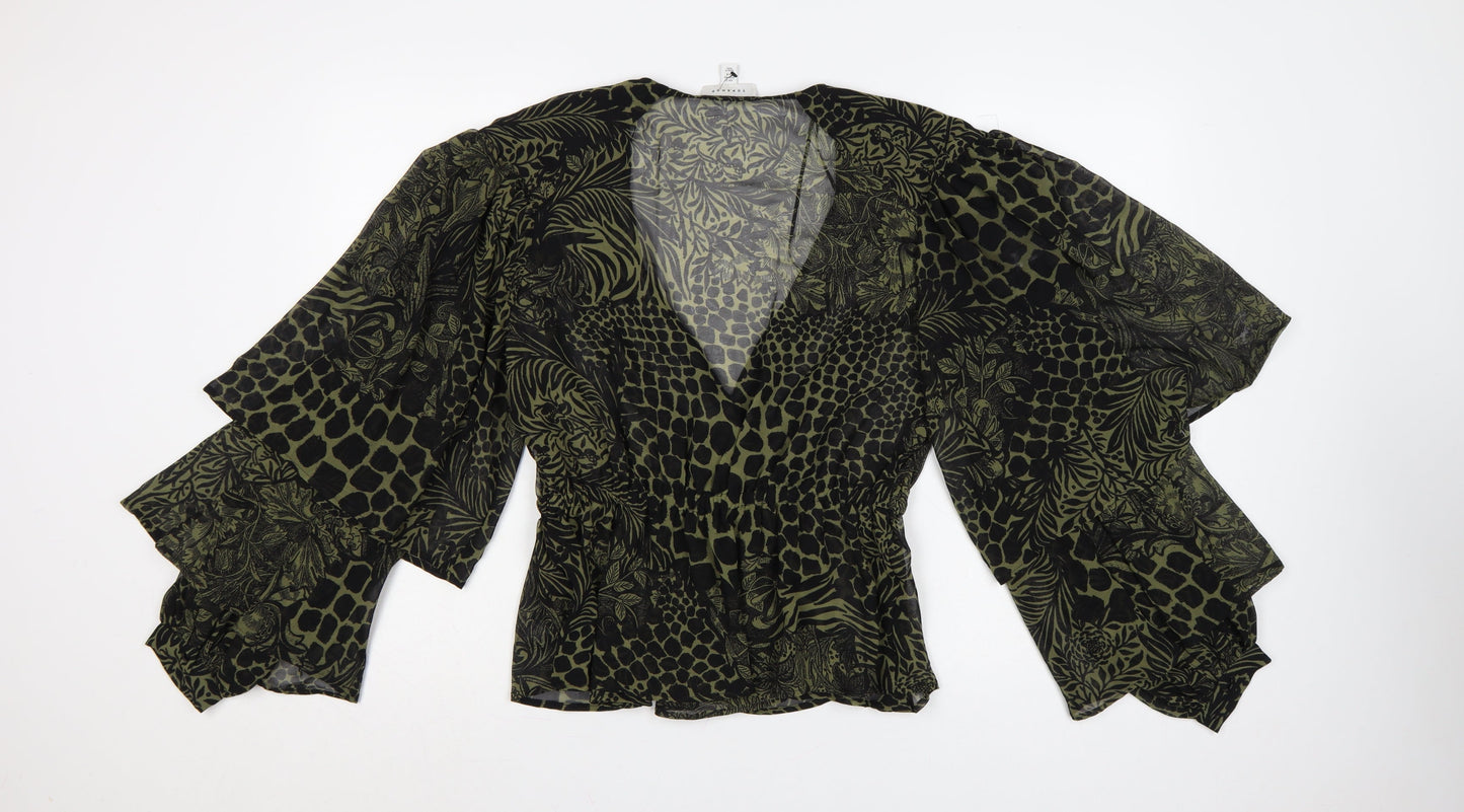 Topshop Women's Green Animal Print Wrap Blouse UK 12 Puff Sleeve