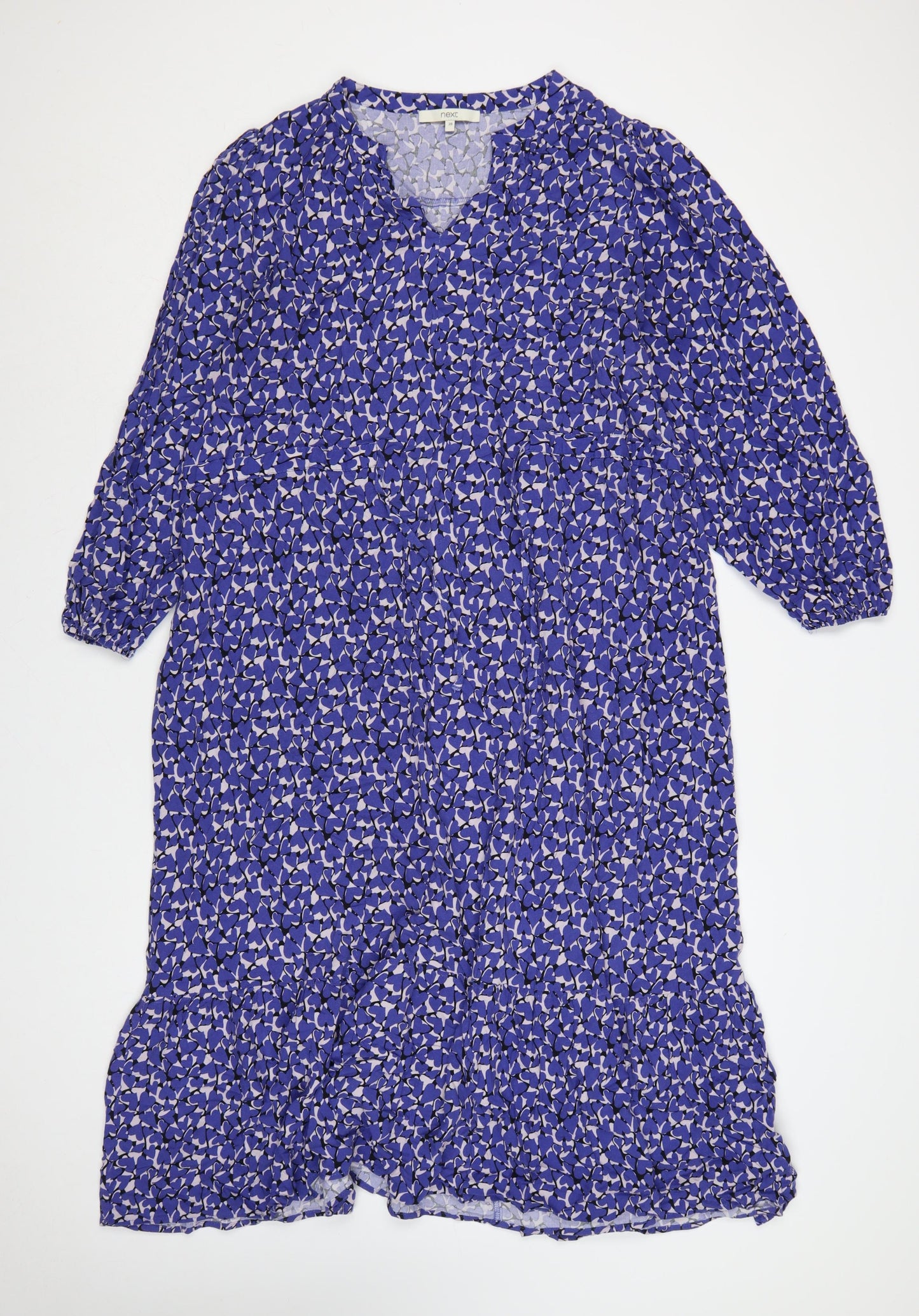 Next Women Blue Floral Midi Smock Dress Size 20 V-Neck 3/4 Sleeve