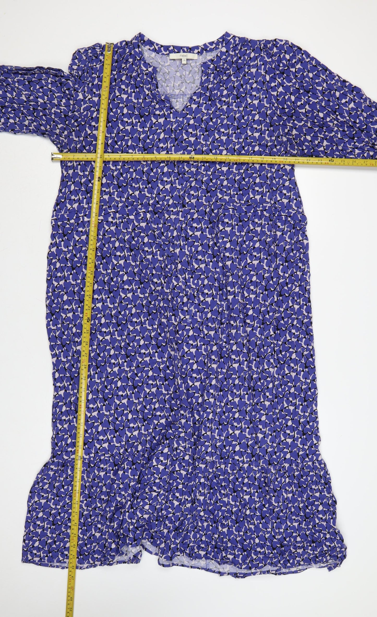 Next Women Blue Floral Midi Smock Dress Size 20 V-Neck 3/4 Sleeve