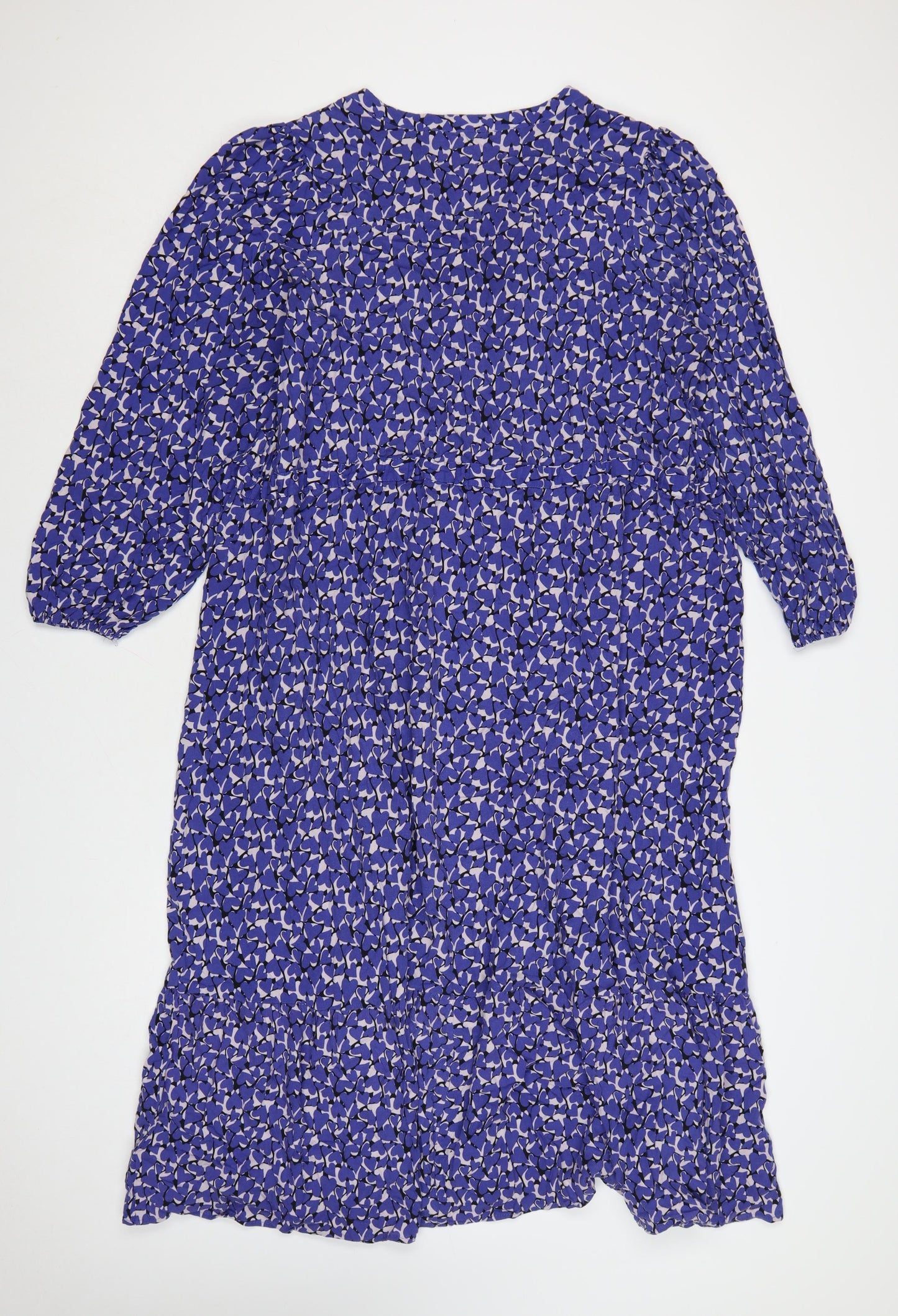 Next Women Blue Floral Midi Smock Dress Size 20 V-Neck 3/4 Sleeve