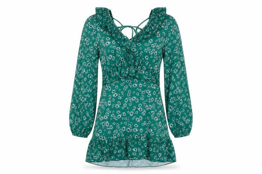 Topshop Women’s Green Floral Ruffle Mini Dress UK 6 Petite