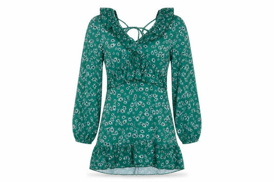 Topshop Women’s Green Floral Ruffle Mini Dress UK 6 Petite