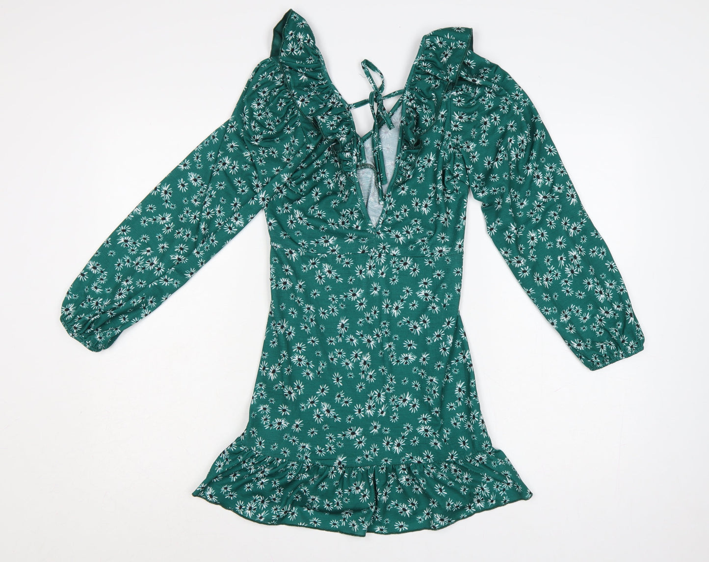 Topshop Women’s Green Floral Ruffle Mini Dress UK 6 Petite
