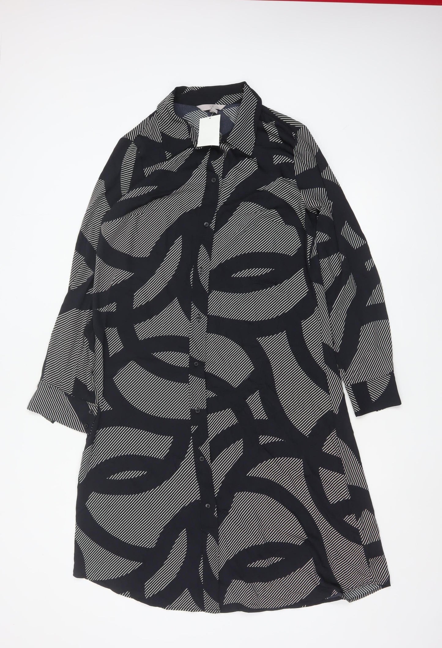 H&M Women’s Black Geometric Shirt Dress M Long Sleeve Collared
