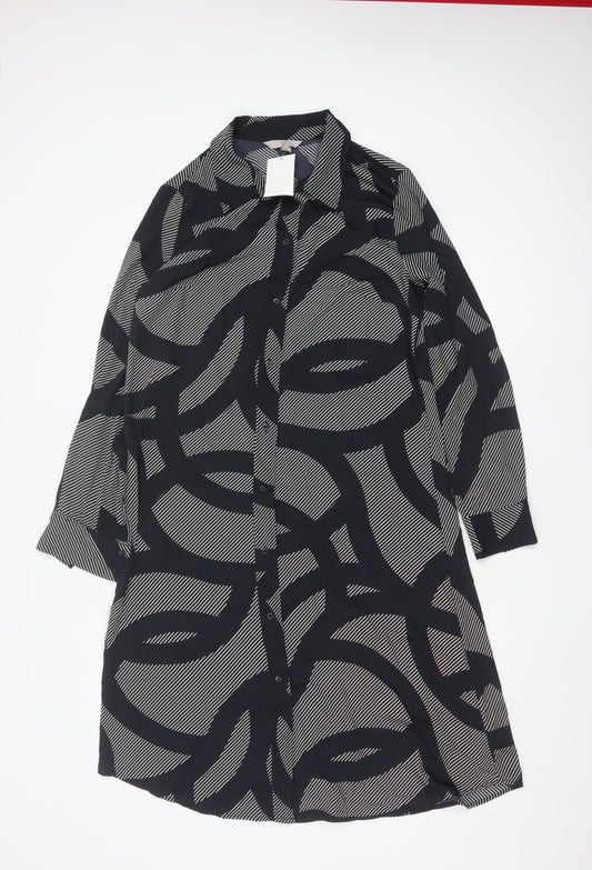 H&M Women’s Black Geometric Shirt Dress M Long Sleeve Collared