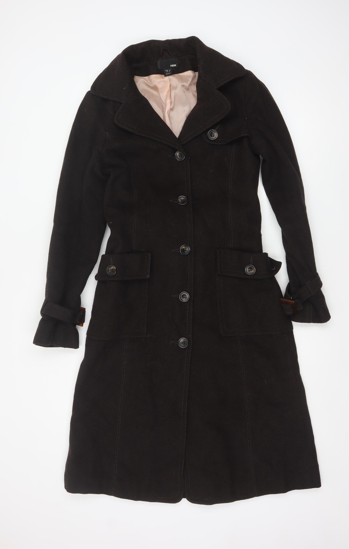 H&M Women's Brown Wool Blend Trench Coat Size 6 Belted Long