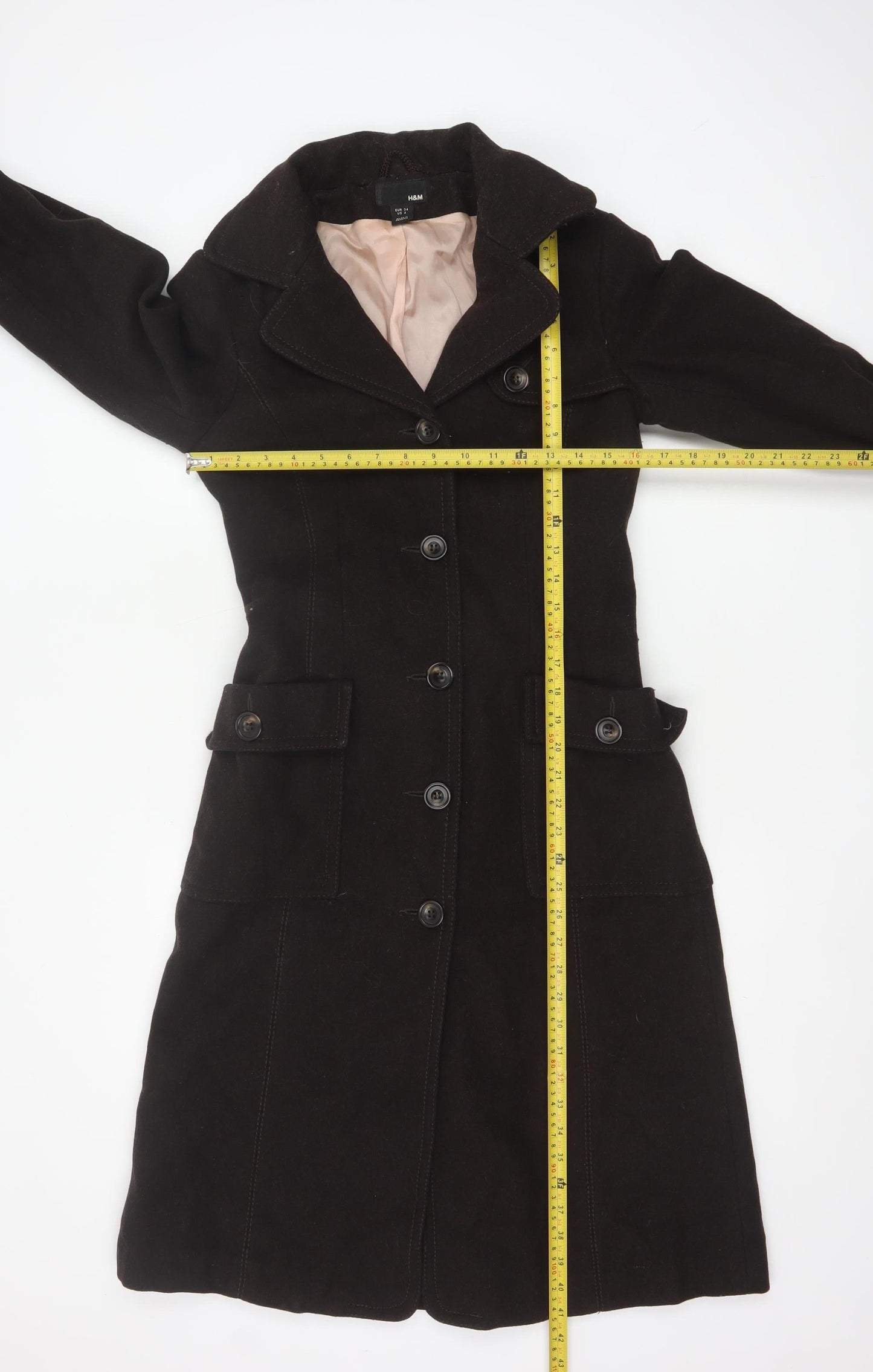 H&M Women's Brown Wool Blend Trench Coat Size 6 Belted Long