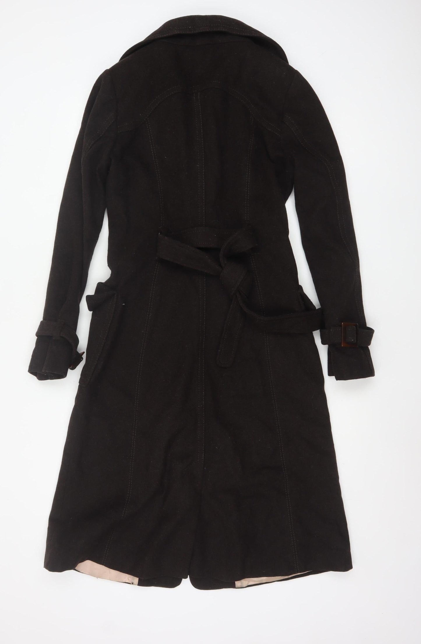 H&M Women's Brown Wool Blend Trench Coat Size 6 Belted Long