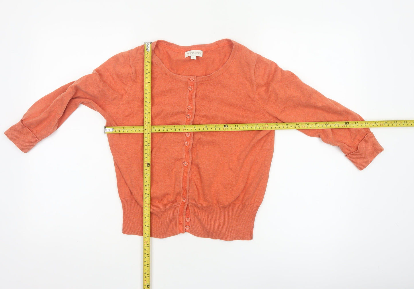 Monsoon Women’s Orange Cotton Cardigan M Crew Neck 3/4 Sleeve