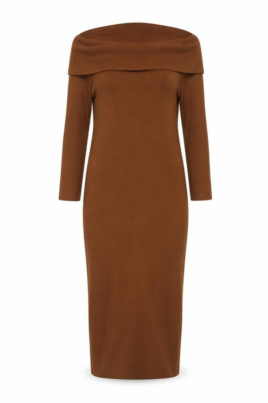 Pretty Lavish Women Brown 2XL Off Shoulder Knit Bodycon Dress