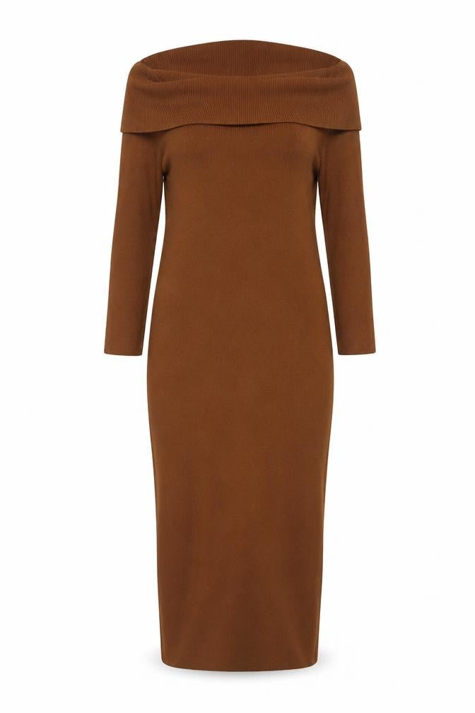 Pretty Lavish Women Brown 2XL Off Shoulder Knit Bodycon Dress
