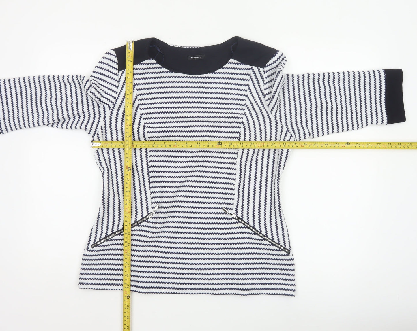 Roman Women’s Blue Striped Tunic Blouse Size 18 3/4 Sleeve Knit Top