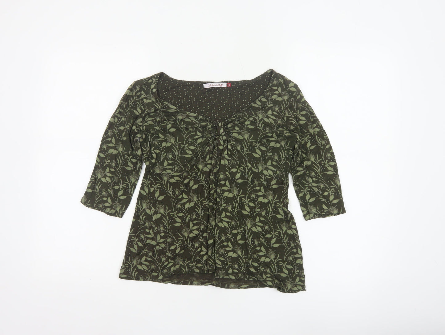 White Stuff Women’s Green Floral Tunic Blouse Size 14 3/4 Sleeve Cotton