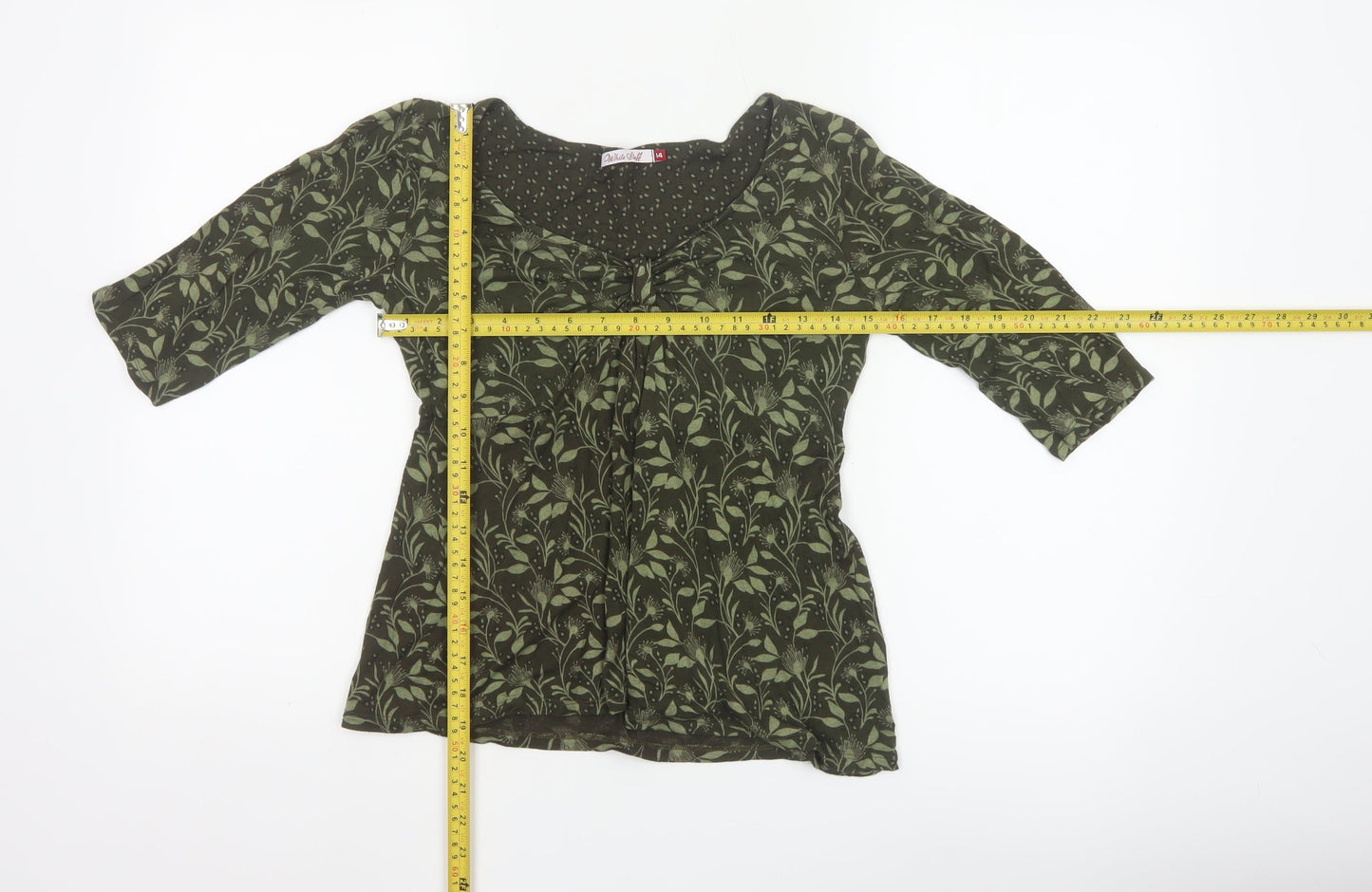 White Stuff Women’s Green Floral Tunic Blouse Size 14 3/4 Sleeve Cotton