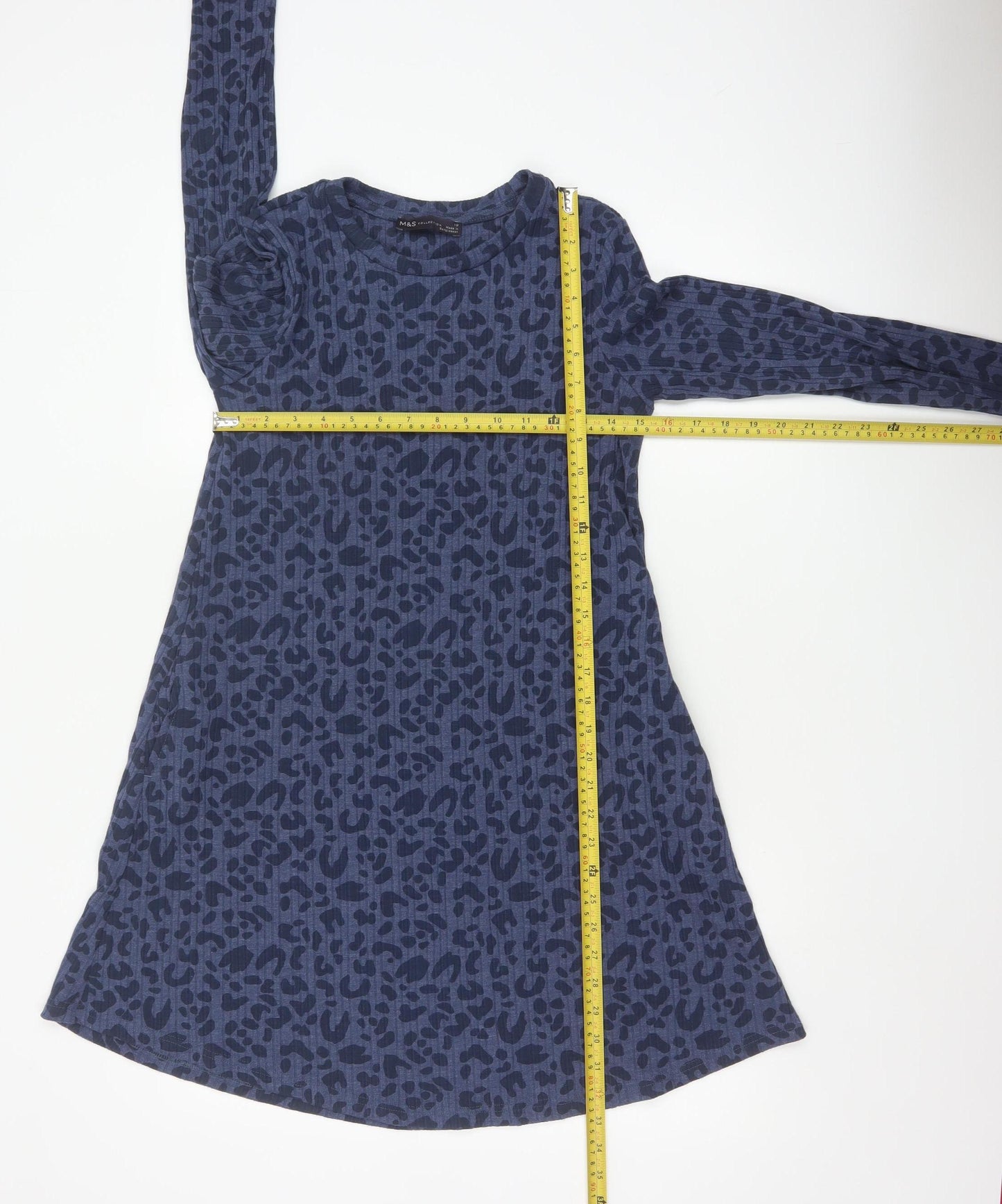Marks and Spencer Women's Blue Animal Print Long Sleeve A-Line Dress Size 10