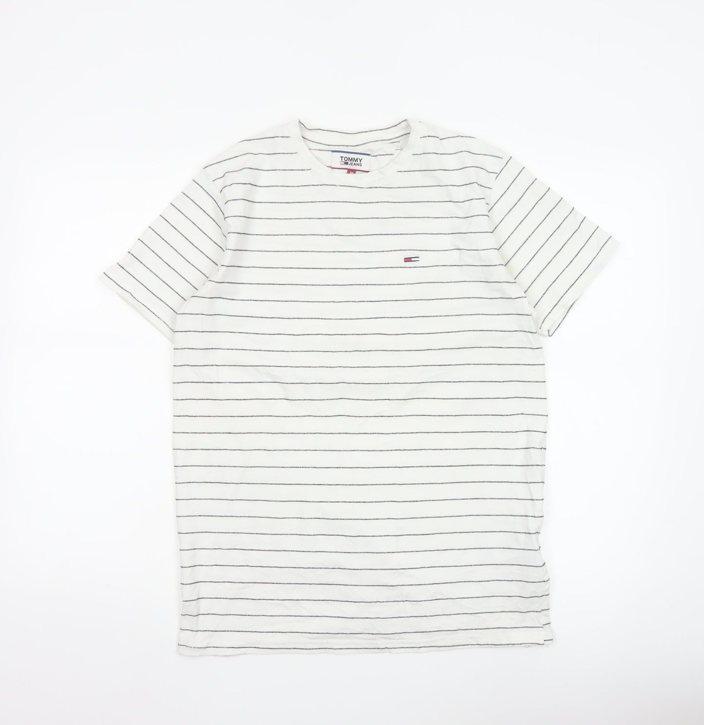 Tommy Jeans Men’s White Striped Cotton Crew Neck Short Sleeve T-Shirt M