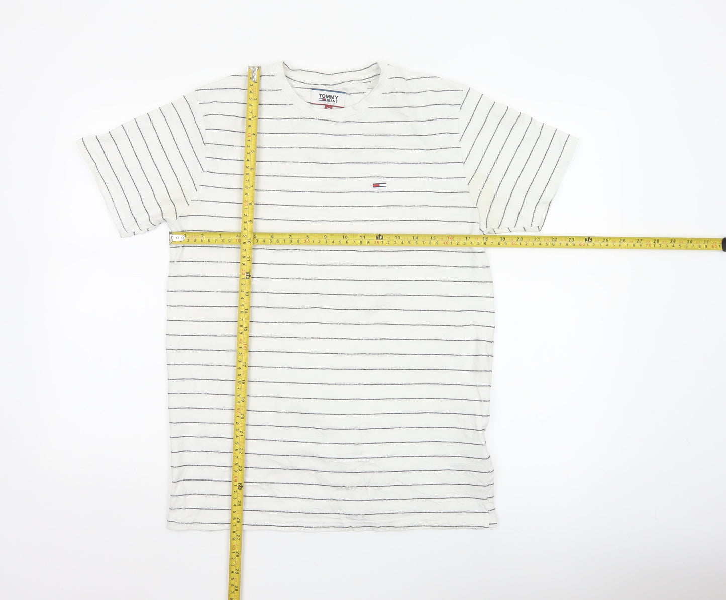 Tommy Jeans Men’s White Striped Cotton Crew Neck Short Sleeve T-Shirt M
