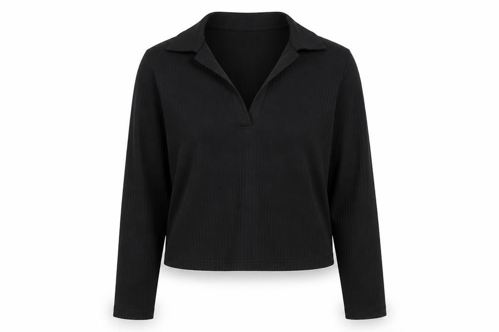 Monki Women’s Black Collared Long Sleeve Stretch Cropped Top Size 12