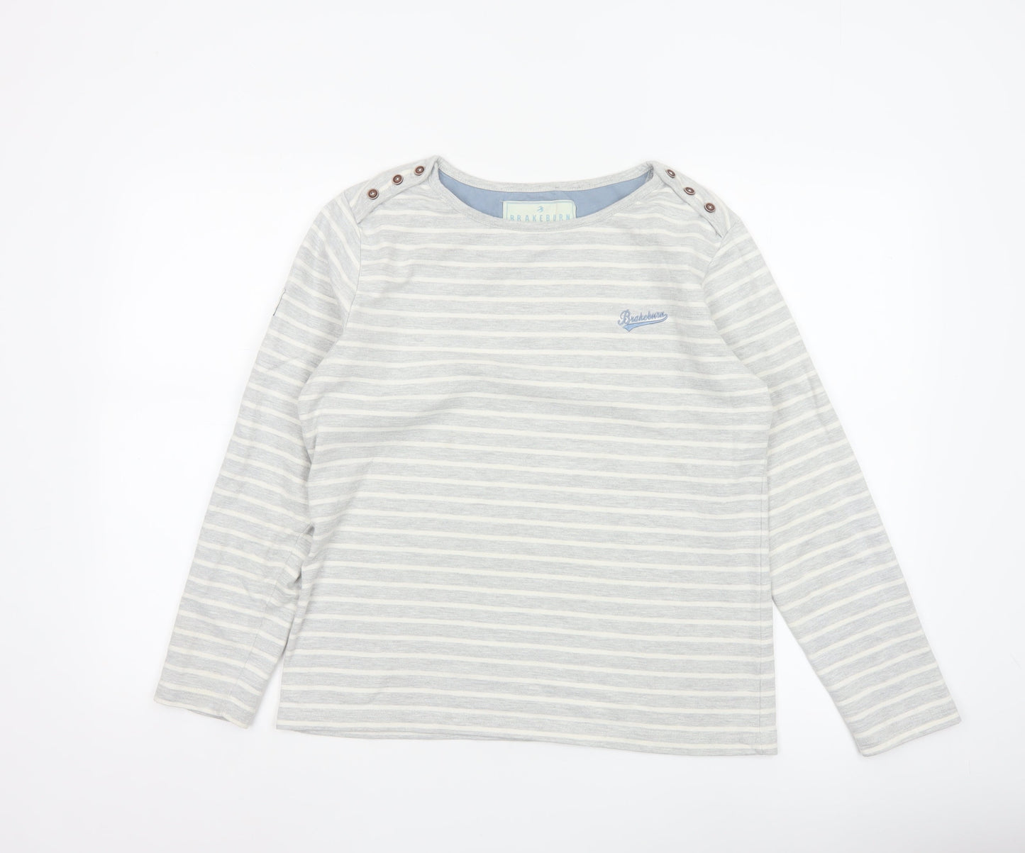 Brakeburn Women’s Grey Striped Long Sleeve Boat Neck Cotton Top Size 10