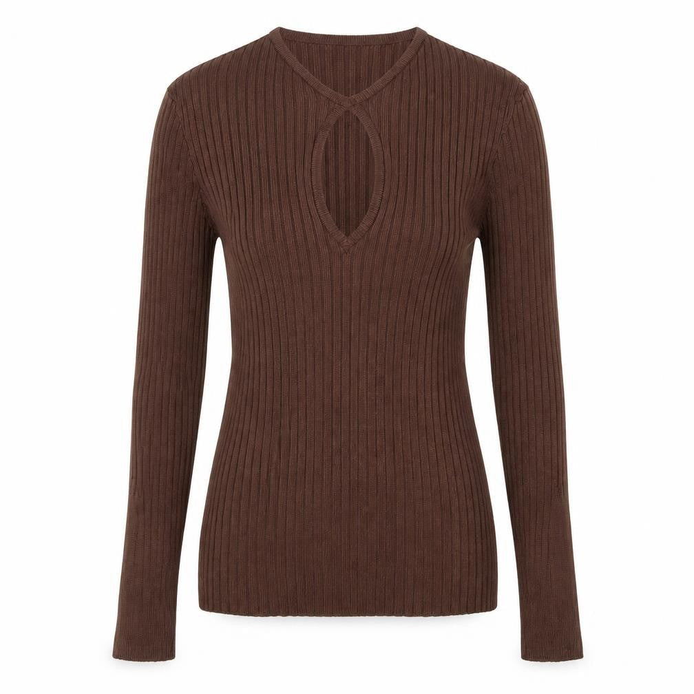 H&M Women Brown Ribbed V-Neck Long Sleeve Pullover Jumper Size 8