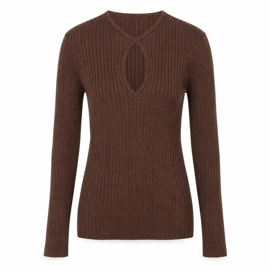 H&M Women Brown Ribbed V-Neck Long Sleeve Pullover Jumper Size 8
