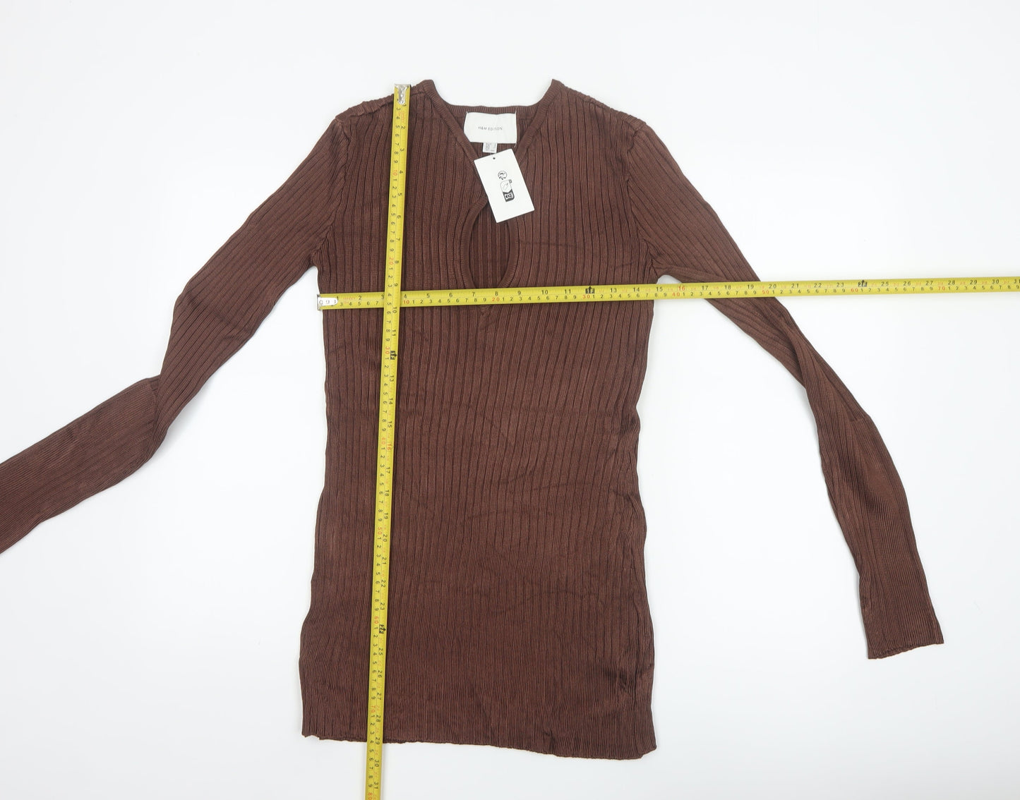 H&M Women Brown Ribbed V-Neck Long Sleeve Pullover Jumper Size 8