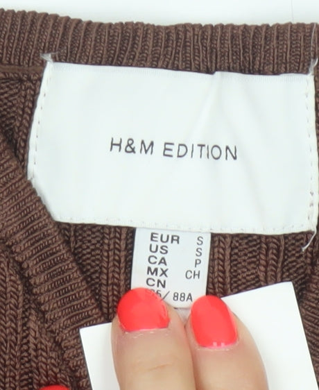 H&M Women Brown Ribbed V-Neck Long Sleeve Pullover Jumper Size 8