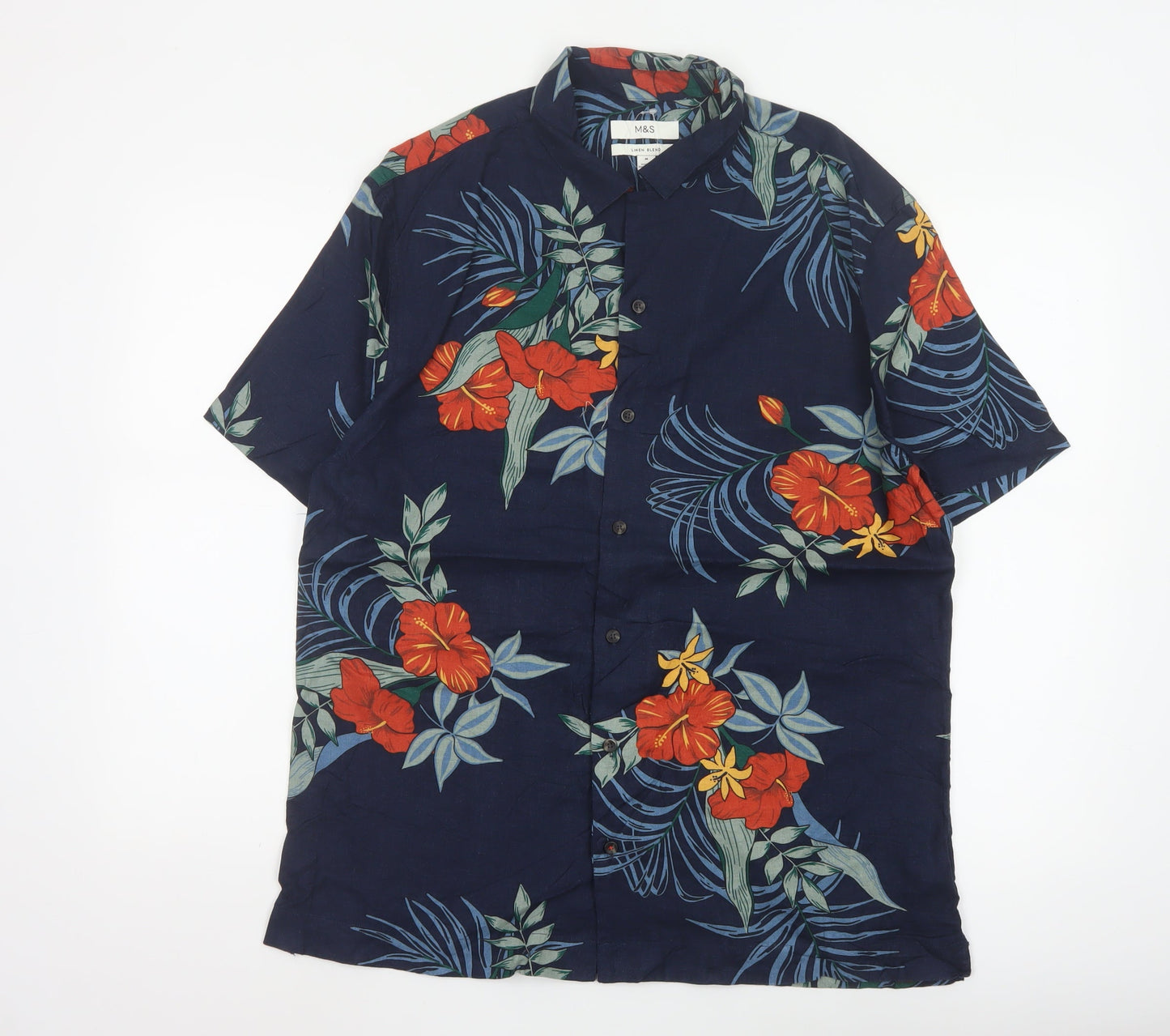 Marks and Spencer Men's Blue Hawaiian Linen Blend Short Sleeve Shirt M