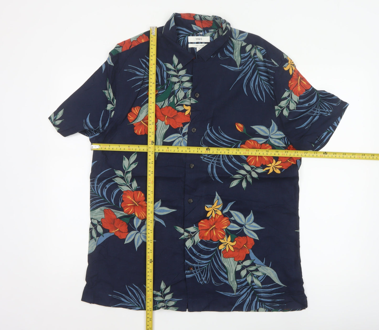 Marks and Spencer Men's Blue Hawaiian Linen Blend Short Sleeve Shirt M