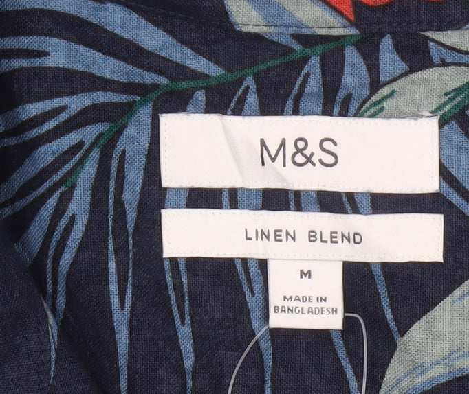 Marks and Spencer Men's Blue Hawaiian Linen Blend Short Sleeve Shirt M
