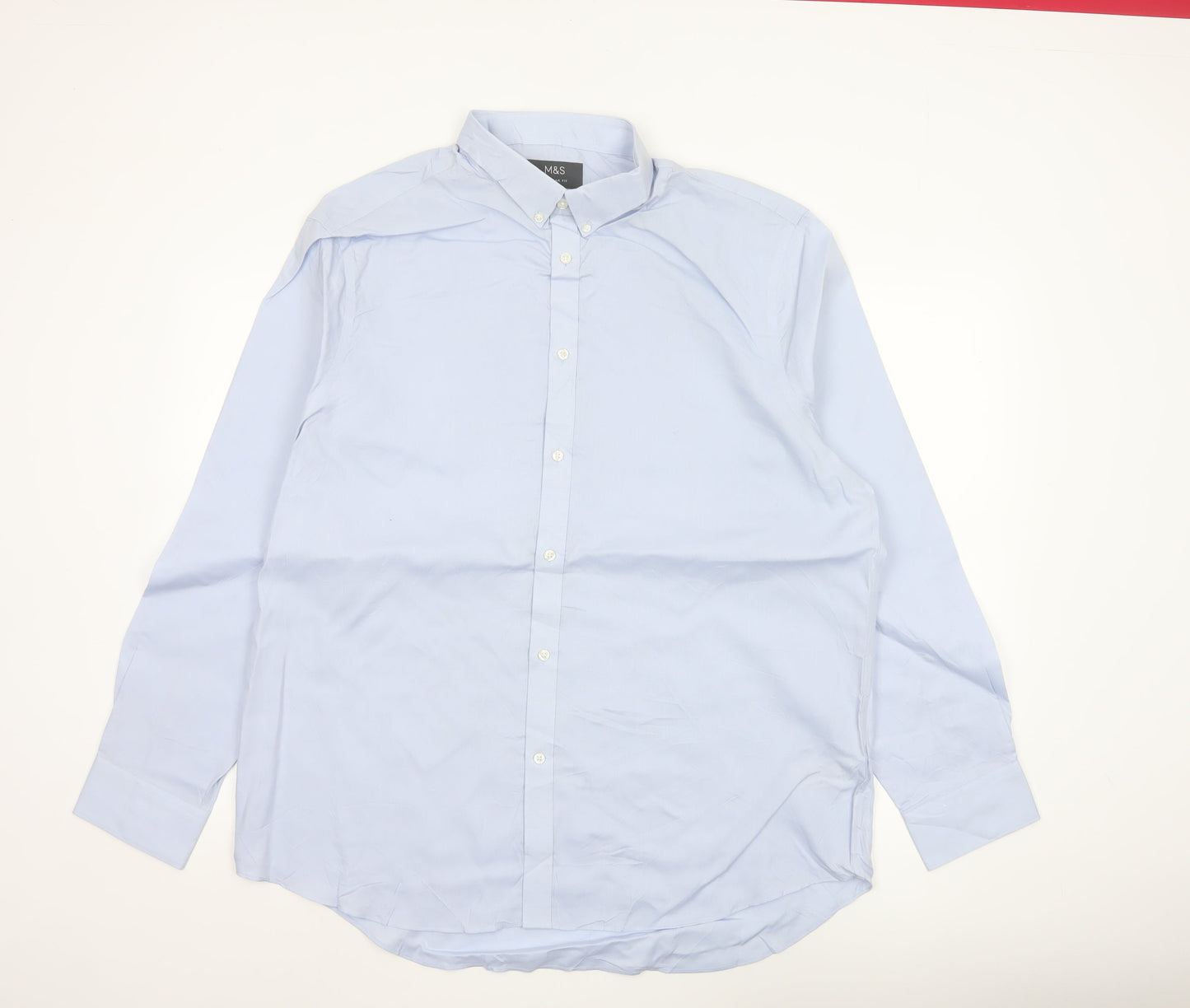 Marks and Spencer Men's Blue Regular Fit Non-Iron Cotton Long Sleeve Shirt Size 17.5