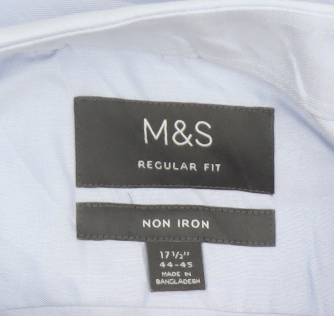 Marks and Spencer Men's Blue Regular Fit Non-Iron Cotton Long Sleeve Shirt Size 17.5