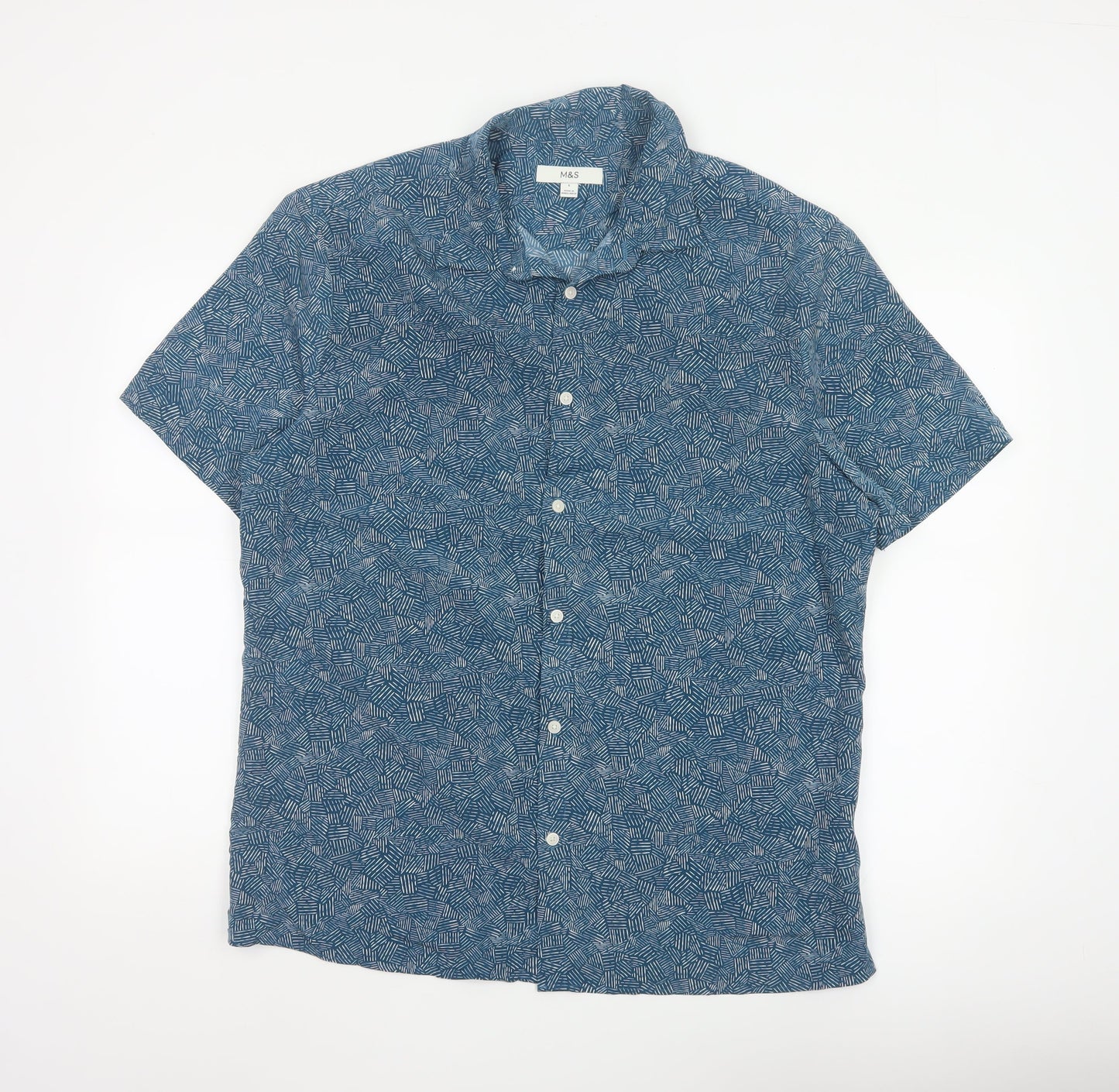 Marks and Spencer Men's Blue Geometric Short Sleeve Button-Up Shirt Size L