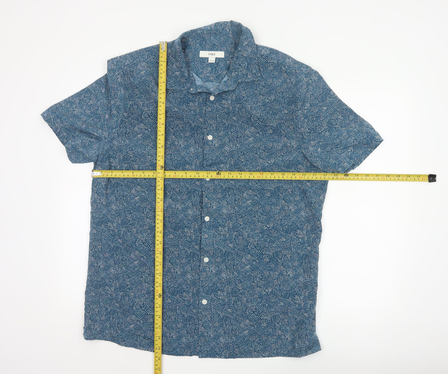 Marks and Spencer Men's Blue Geometric Short Sleeve Button-Up Shirt Size L