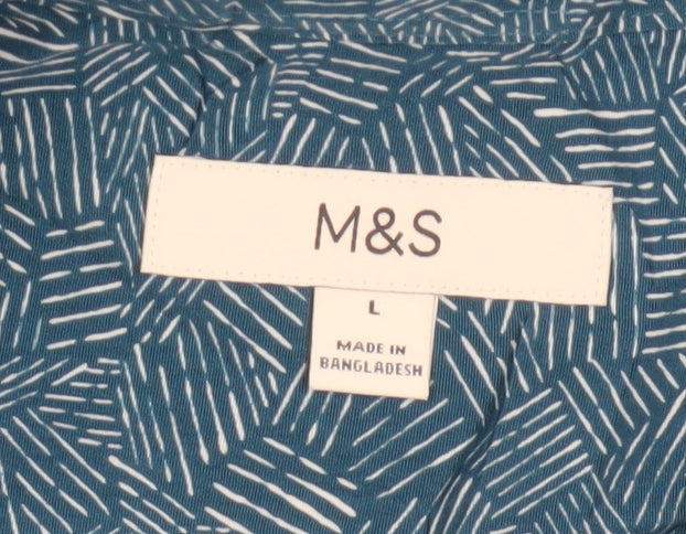 Marks and Spencer Men's Blue Geometric Short Sleeve Button-Up Shirt Size L