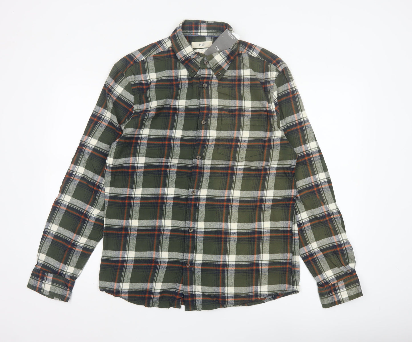 Marks and Spencer Men's Green Plaid Cotton Regular Fit Long Sleeve Shirt M
