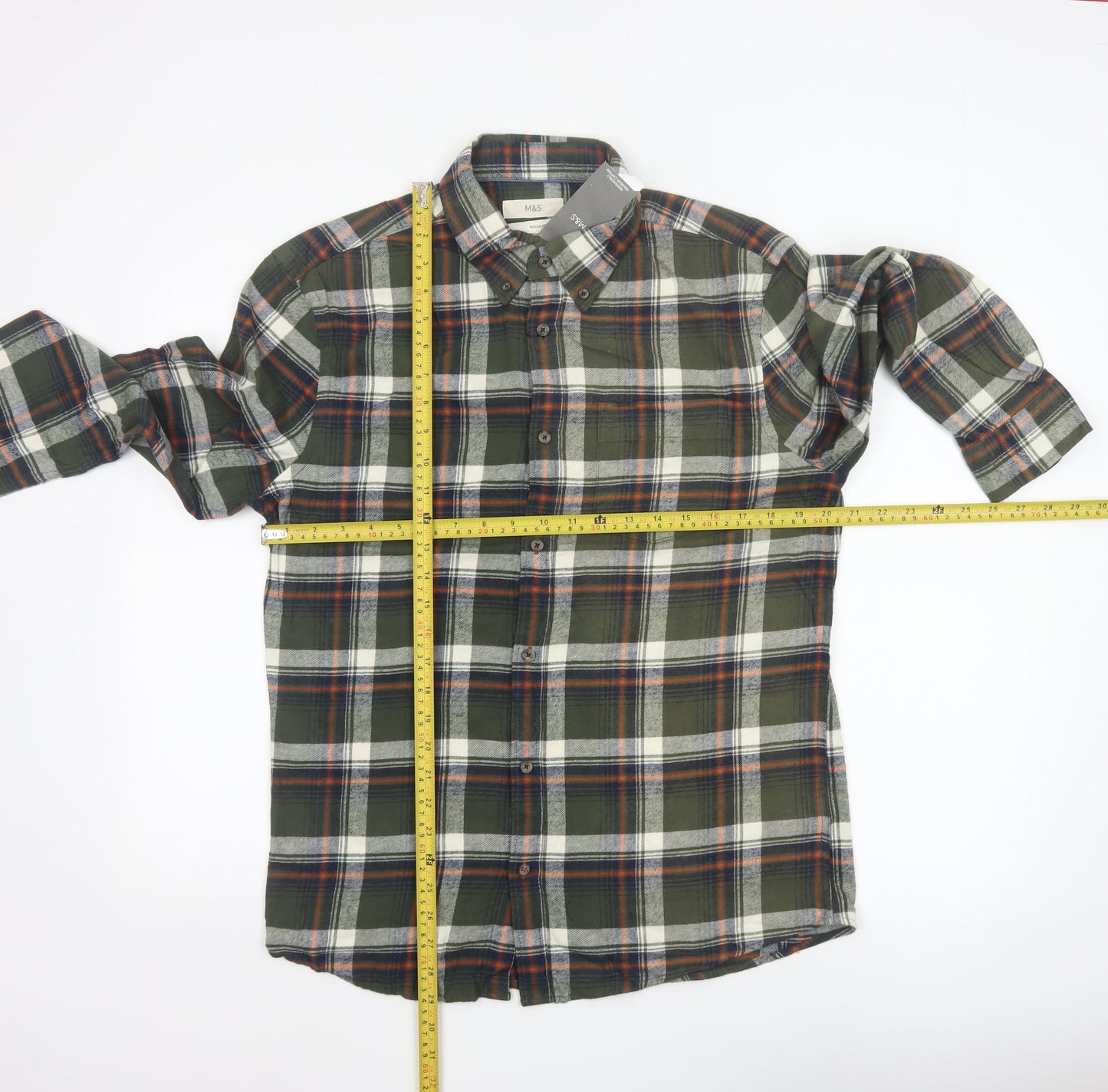 Marks and Spencer Men's Green Plaid Cotton Regular Fit Long Sleeve Shirt M
