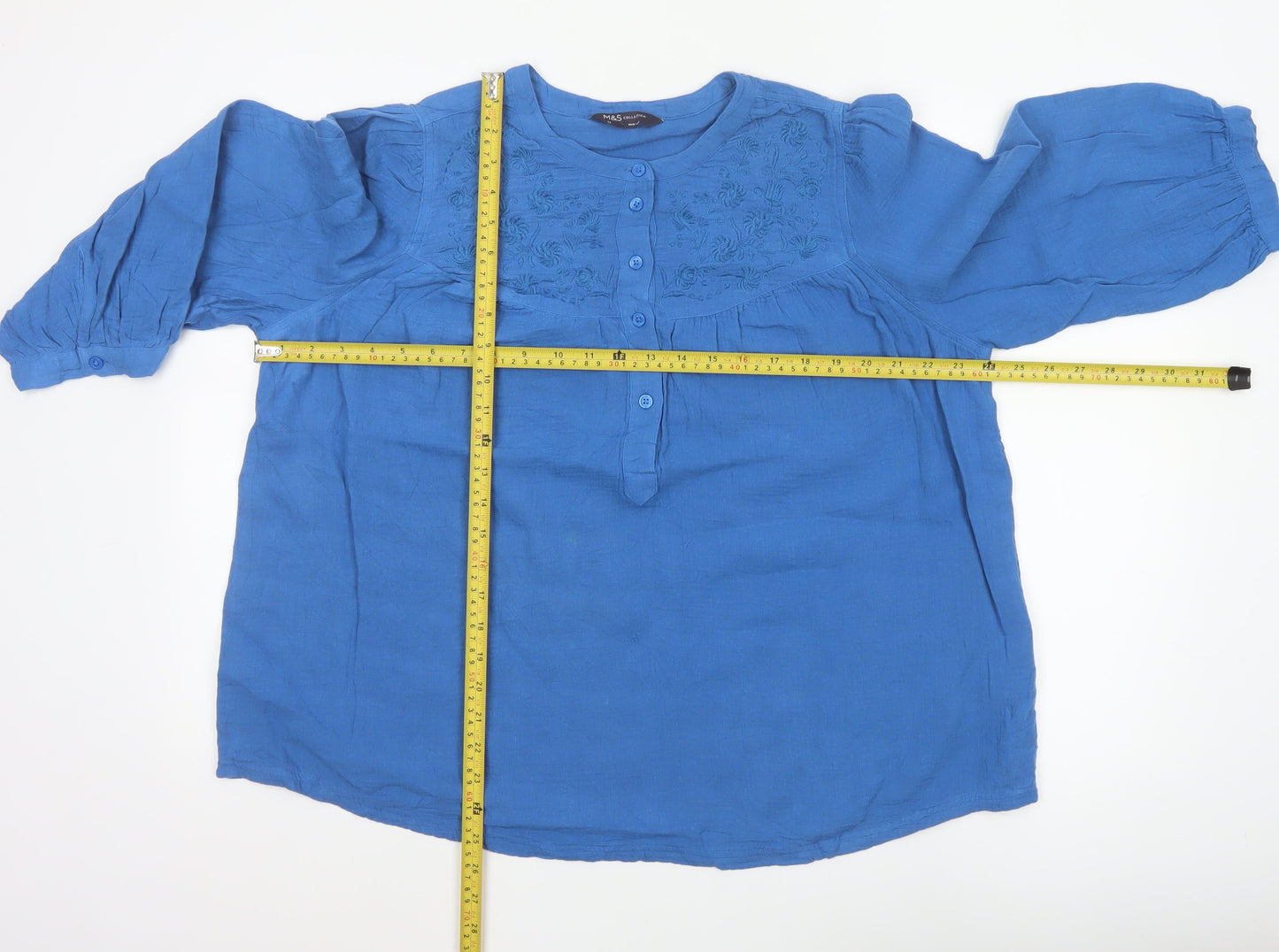 Marks and Spencer Women Blue 3/4 Sleeve Cotton Tunic Blouse Size 14