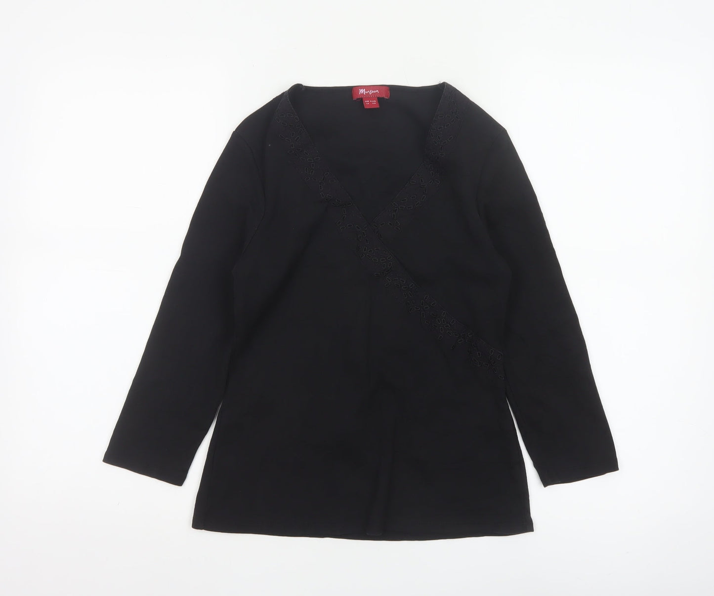 Monsoon Women Black Cotton Wrap Blouse Size 12 Long Sleeve