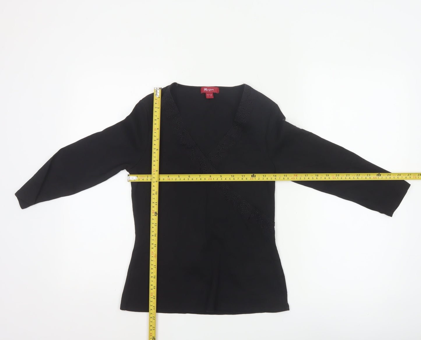 Monsoon Women Black Cotton Wrap Blouse Size 12 Long Sleeve