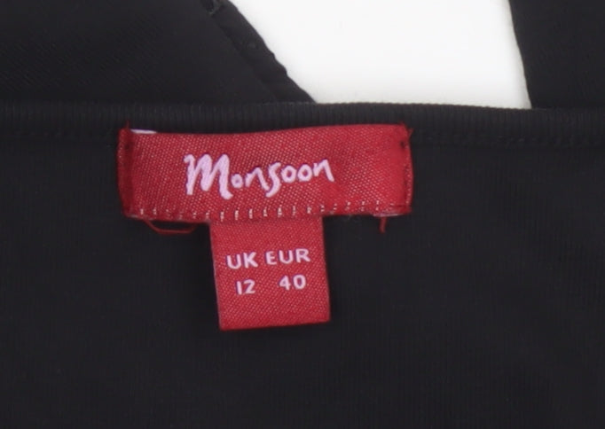 Monsoon Women Black Cotton Wrap Blouse Size 12 Long Sleeve