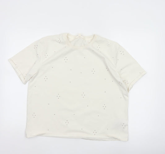Marks and Spencer Women Ivory Rhinestone Cotton T-Shirt Size 14