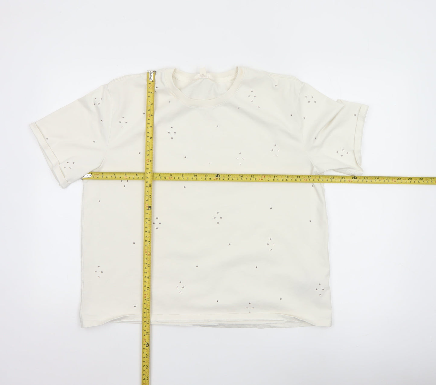 Marks and Spencer Women Ivory Rhinestone Cotton T-Shirt Size 14